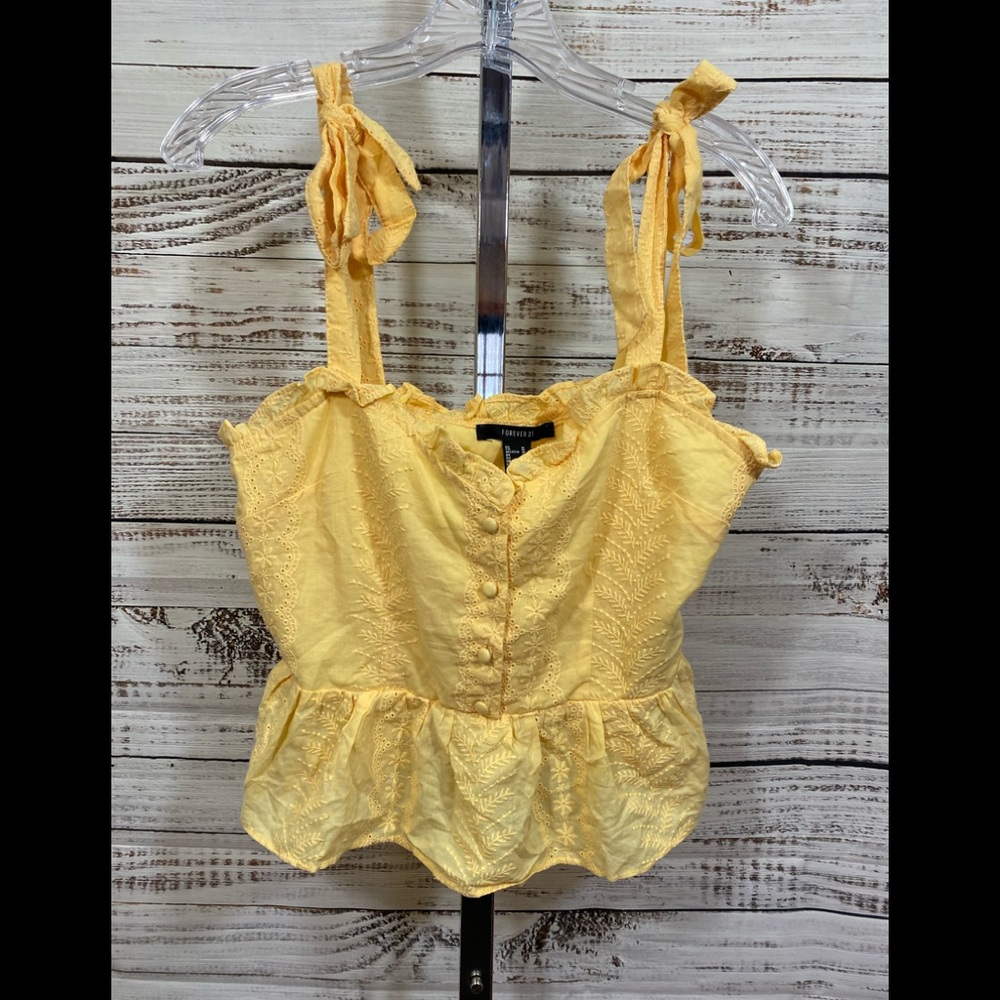 Forever 21 blouse top shirt yellow cotton button front shoulder tie size medium
